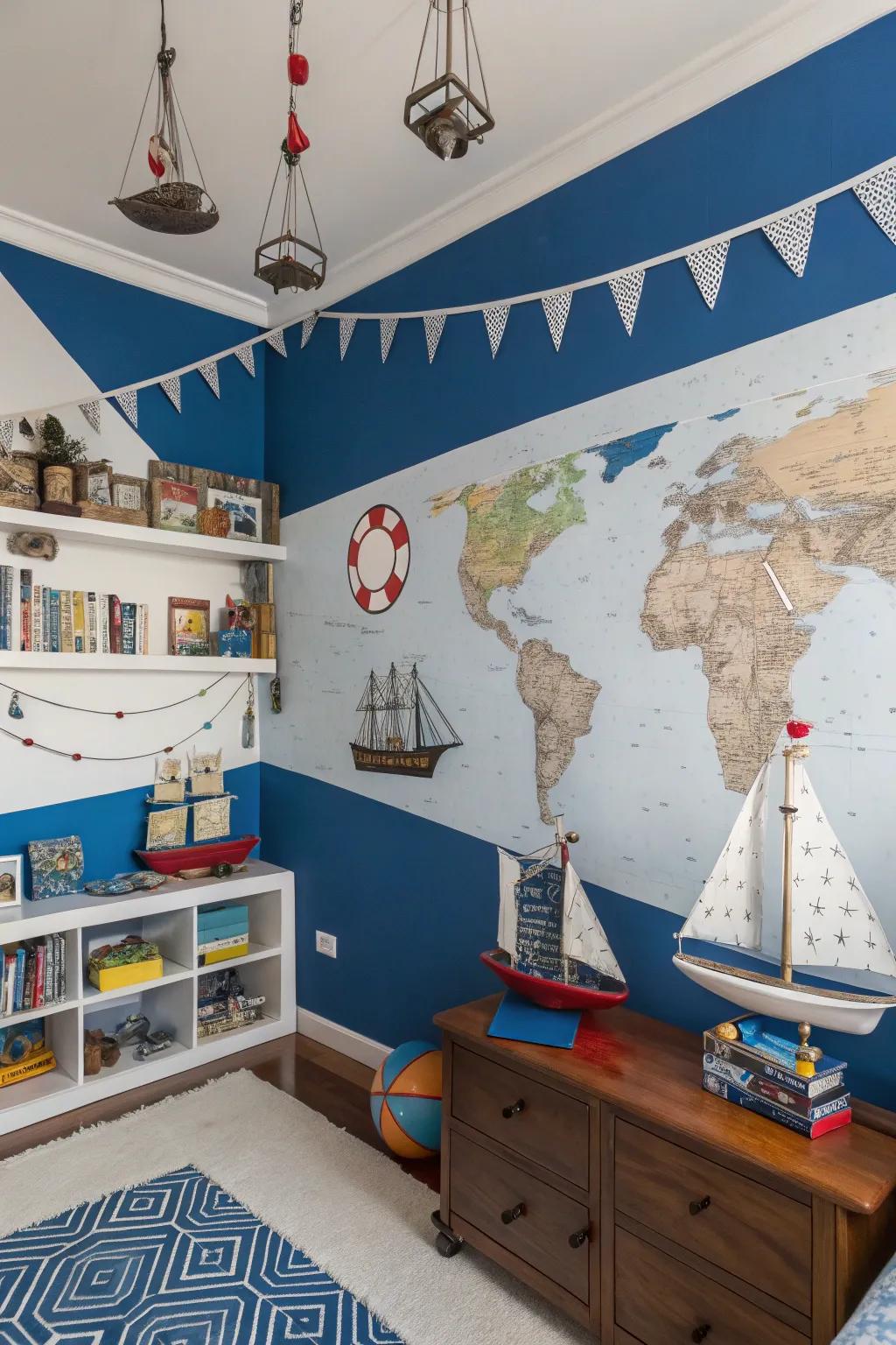 Create a nautical vibe with bold blues and whites.