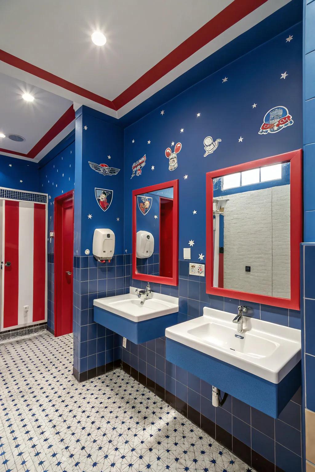 A spirited boys' bathroom enhanced by a striking azure and scarlet palette.