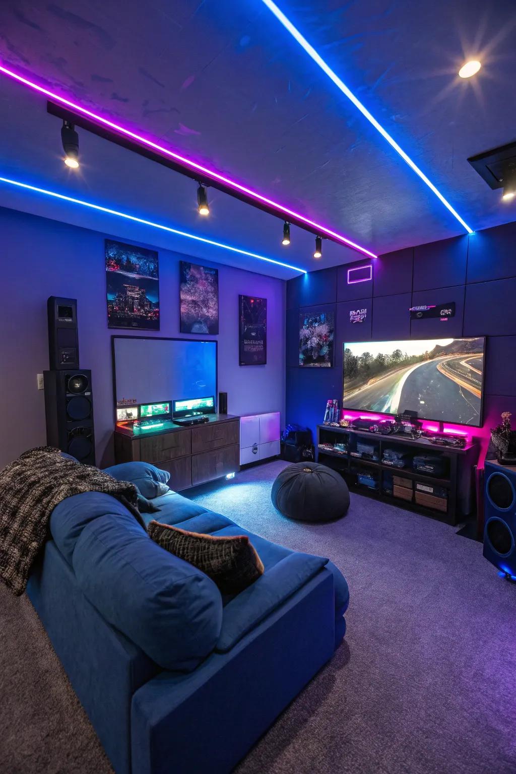 Spectra lights in shades of blue and purple establish the atmosphere for an exciting gaming experience.