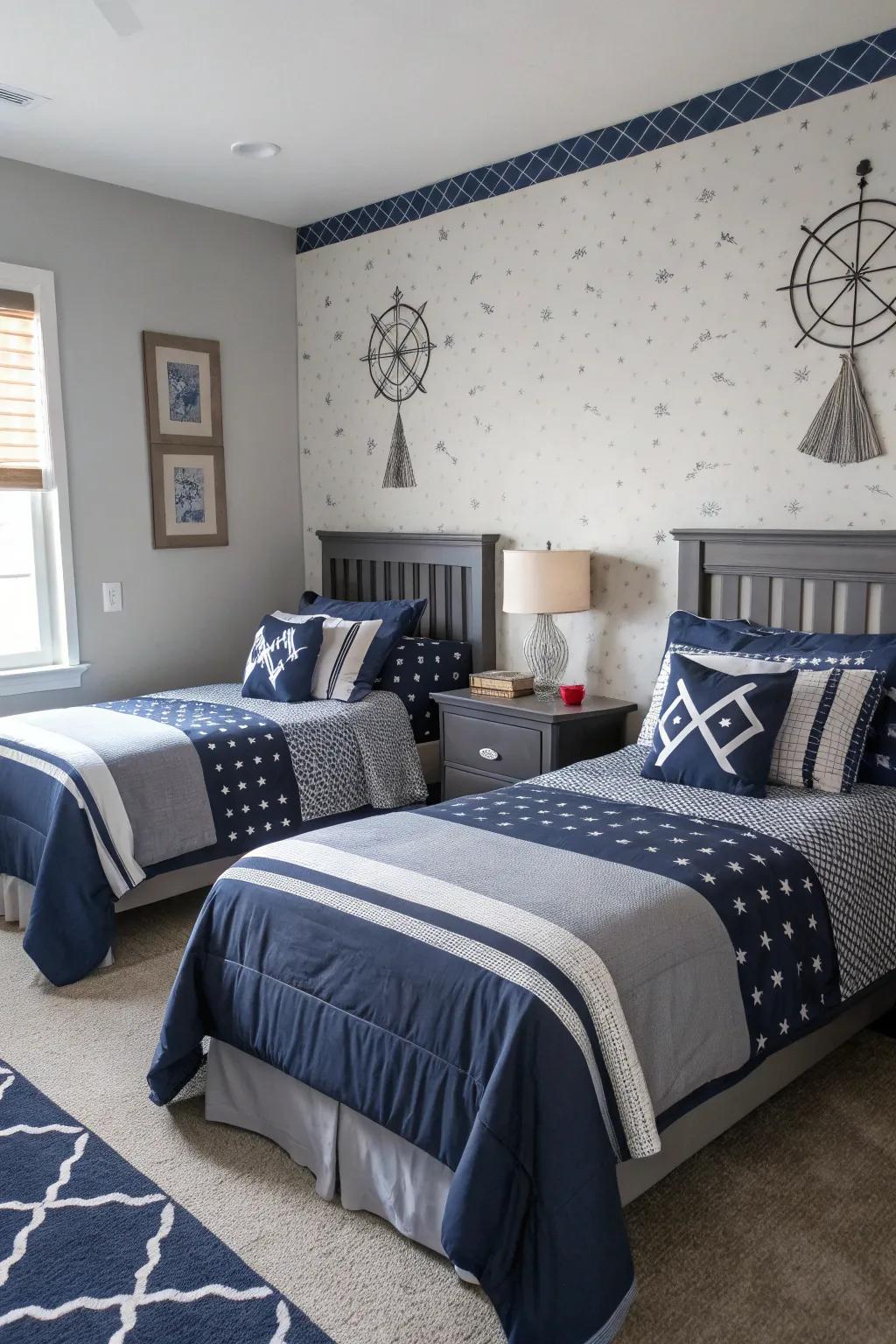 The timeless charm of navy and gray creates a perfectly balanced aesthetic.
