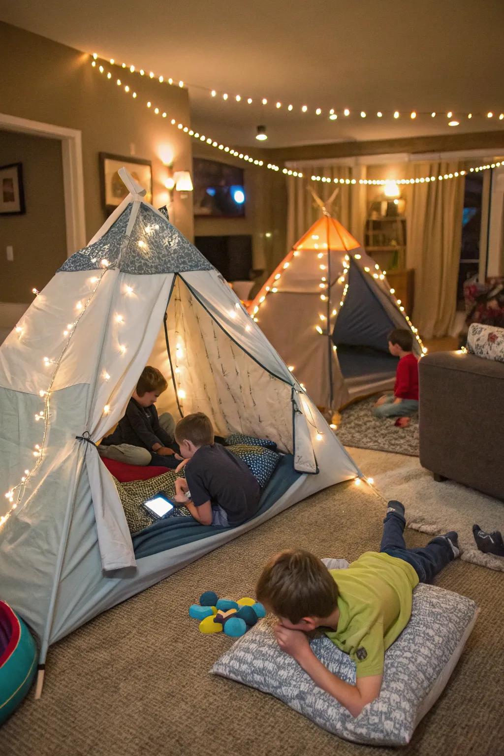 Indoor tents conjure a snug and adventurous sleepover atmosphere.