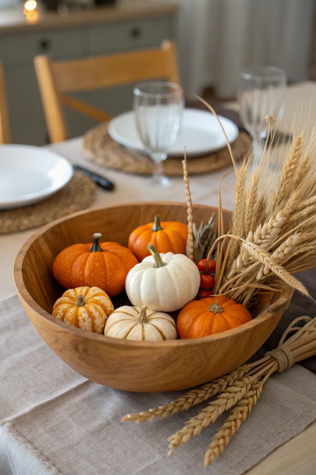 An autumnal-inspired squash arrangement nestled in a mixing bowl