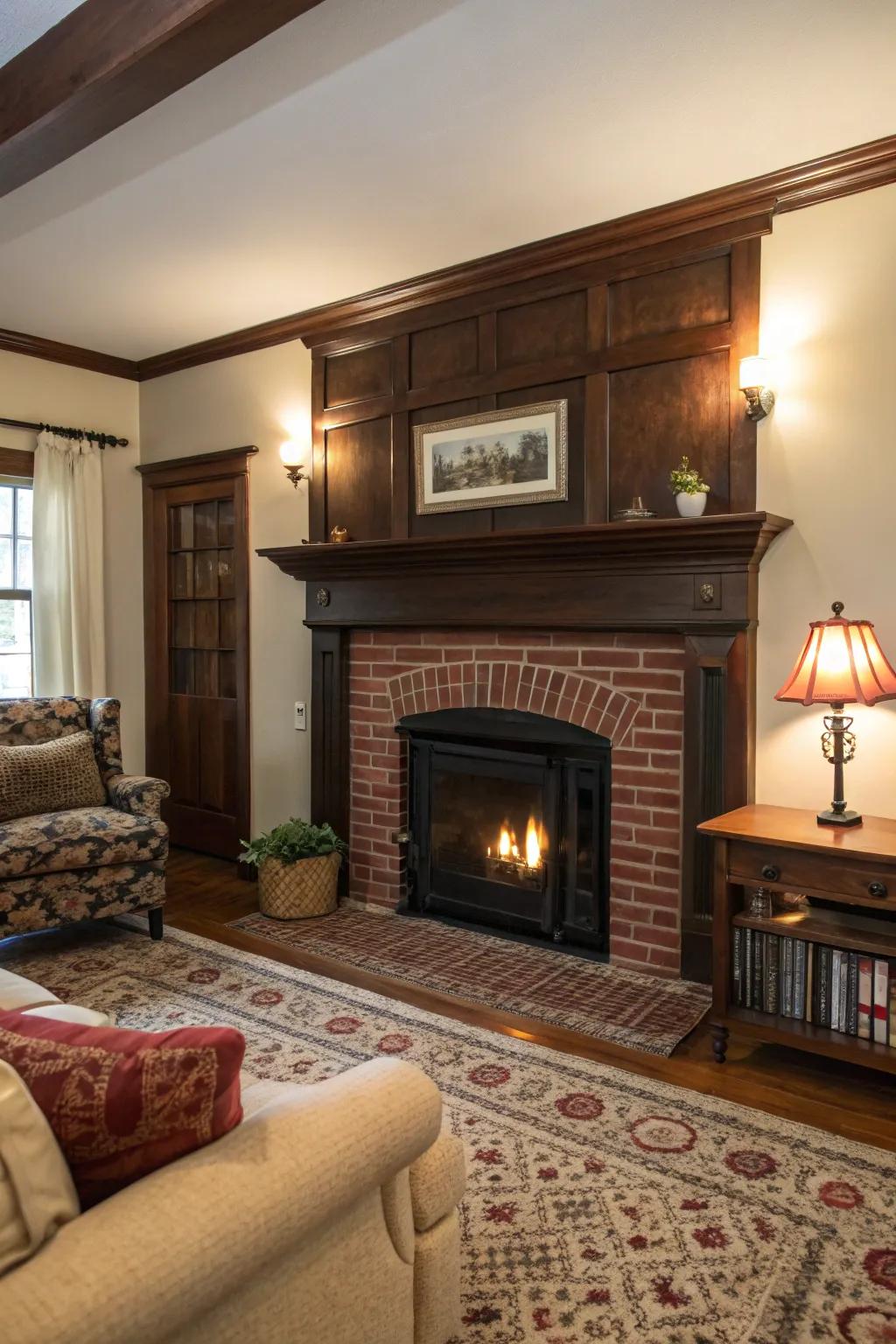 A classic red brick hearth paired with a shadowy timber mantel, creating a cozy, welcoming atmosphere.