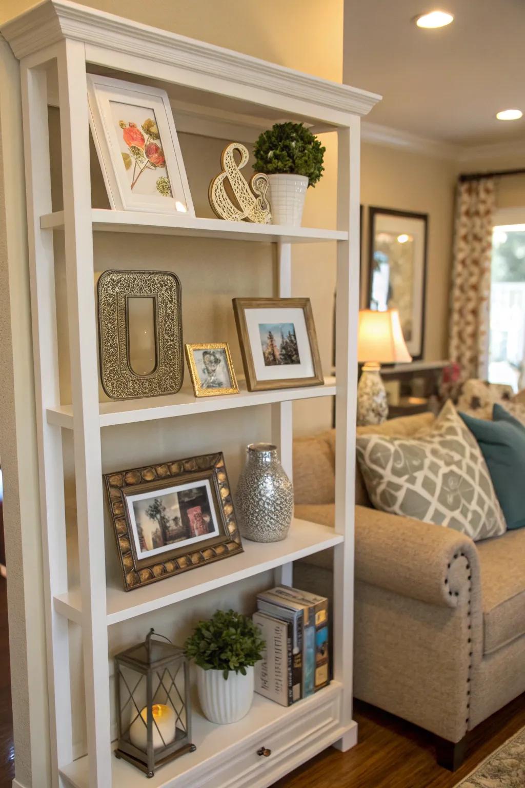 Exquisite shelf arrangement showcasing framed images and ornamental accents.