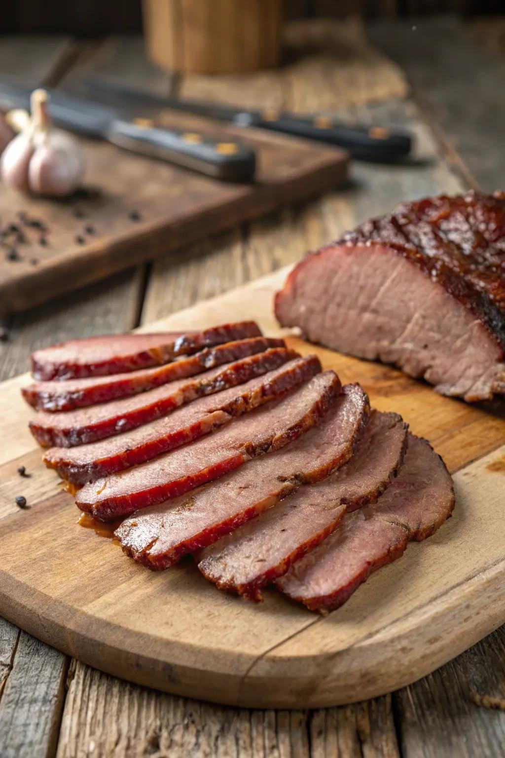 Finely sliced brisket artistically laid out in a fan-like design.