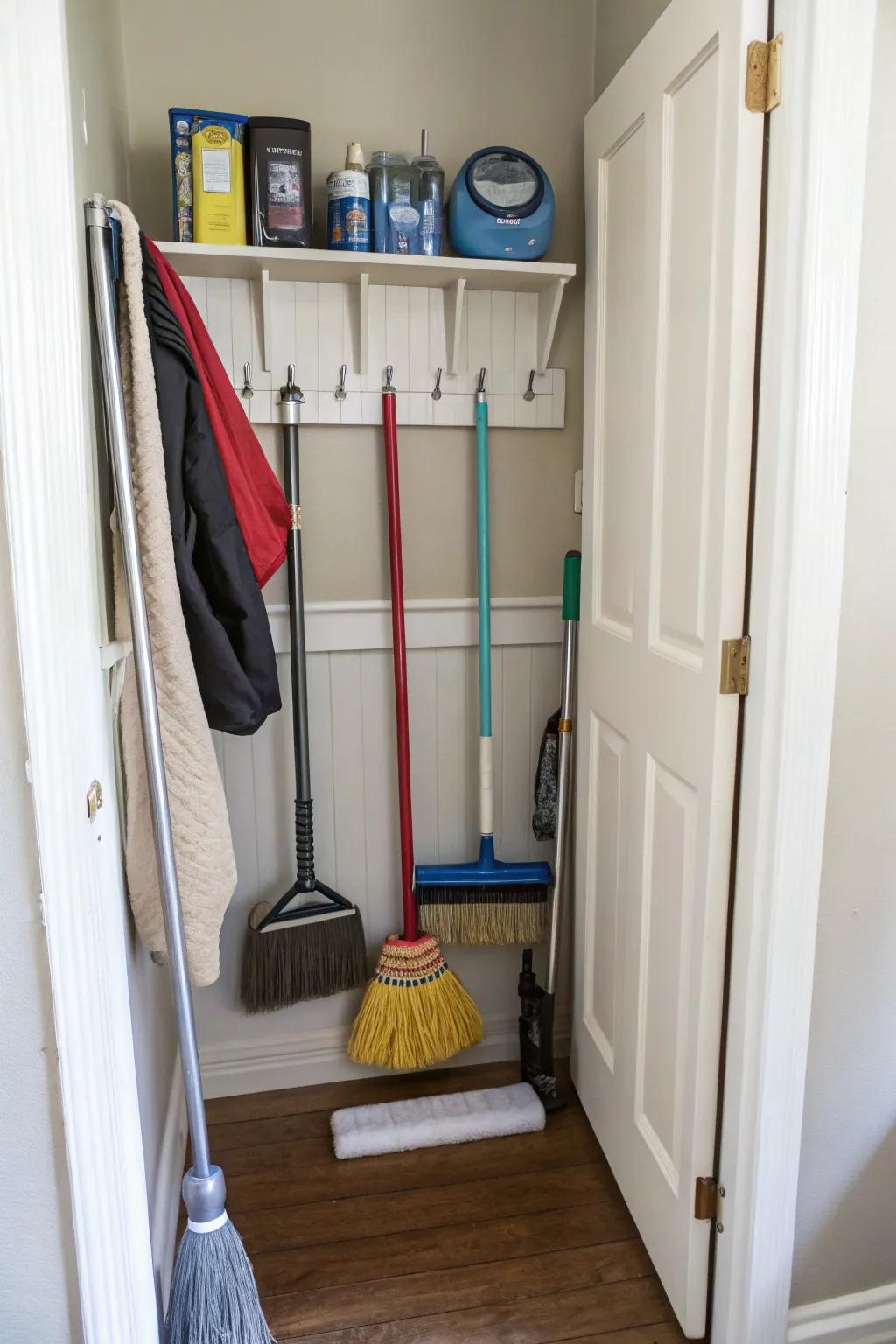 Use vertical storage to keep your cleaning tools in order and easy to reach.