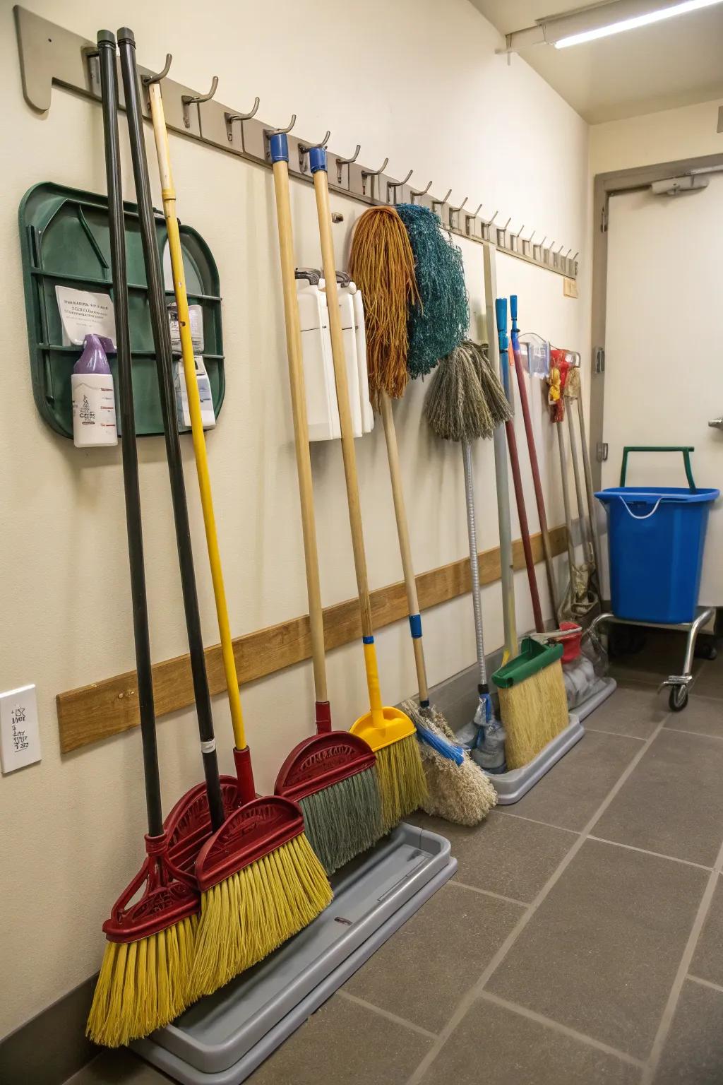 Efficient wall-mounted system for storing brooms and mops.