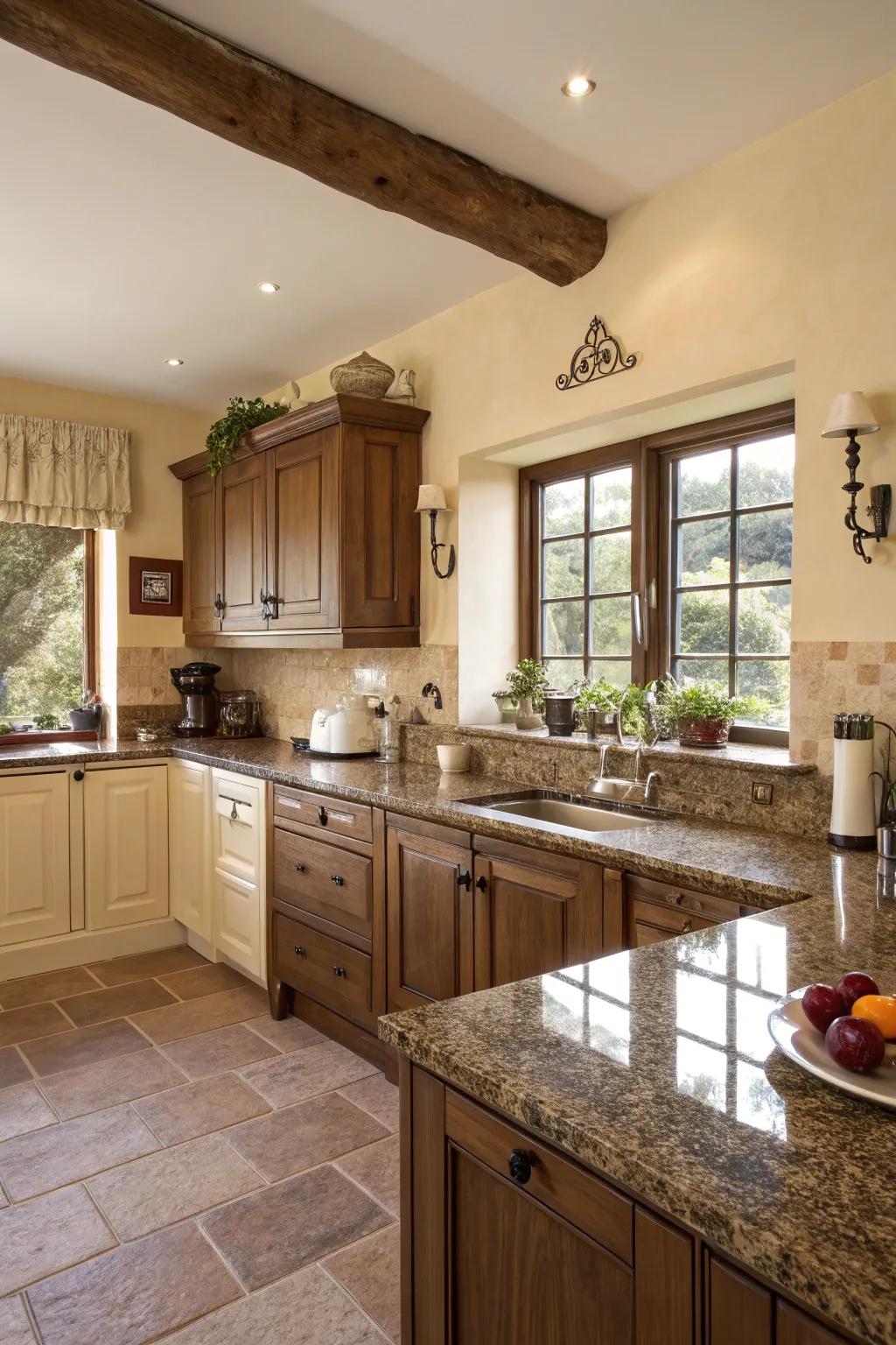 Gentle off-white walls enhance the golden undertones of brunette stone.