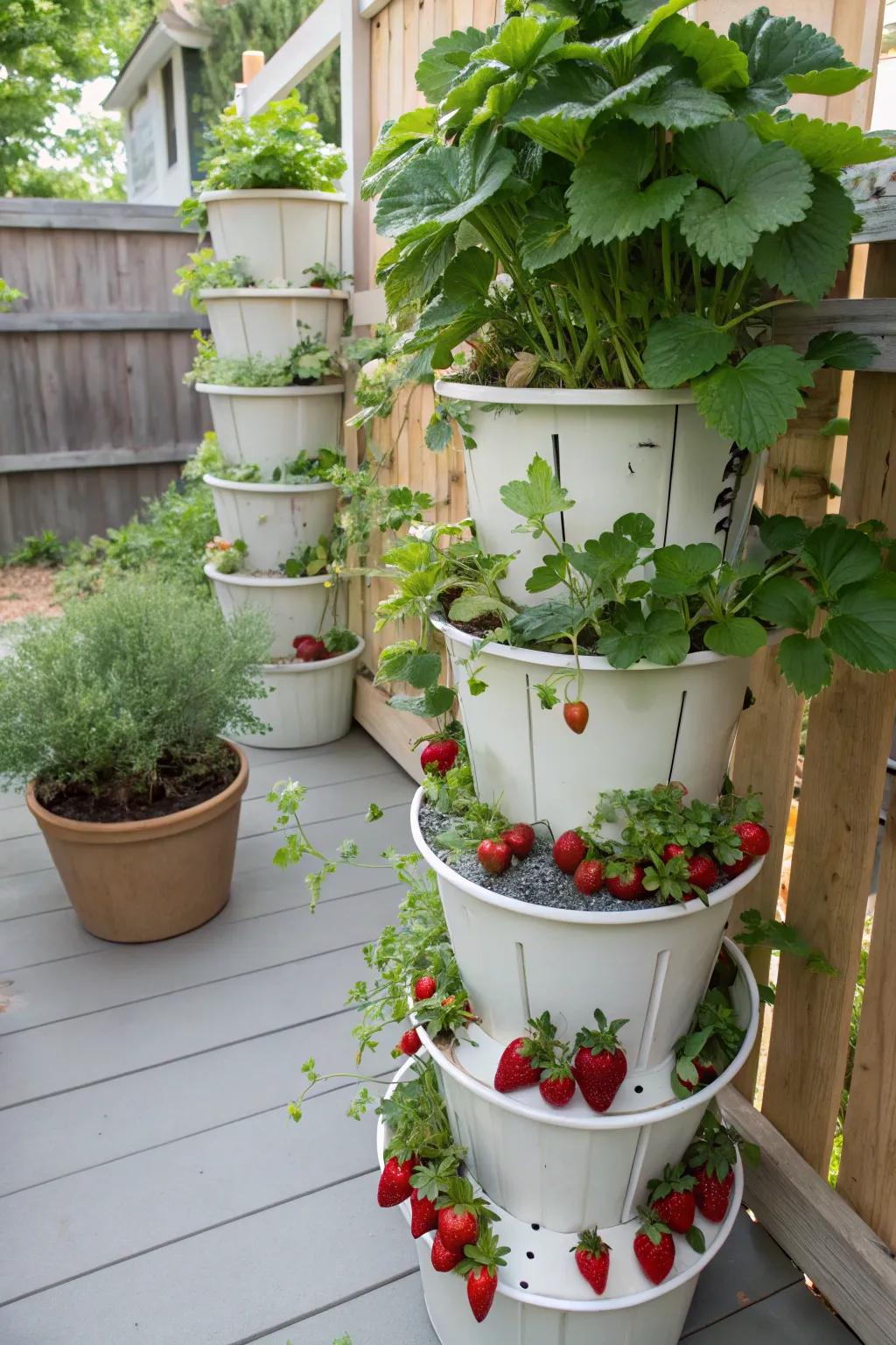 An upward bucket tower, overflowing with thriving strawberries and aromatic herbs.