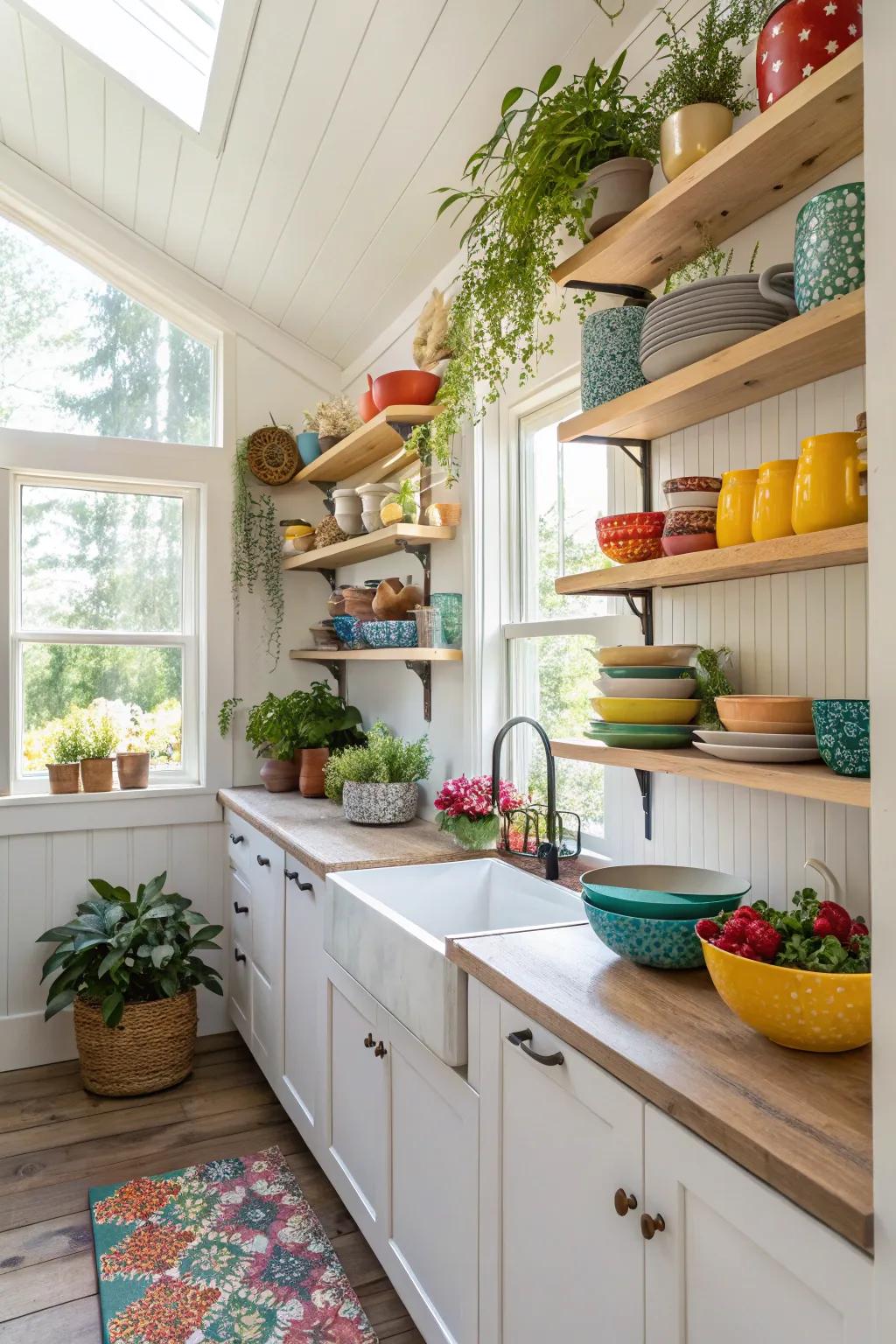 Open shelving introduces a blend of personal style and utility in this cozy kitchen.