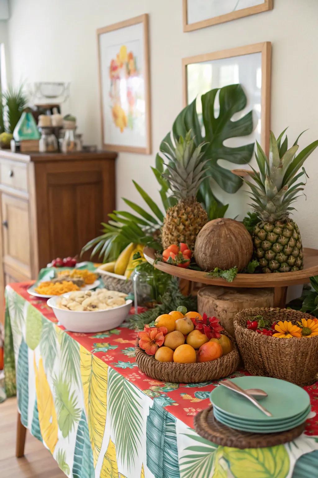 A tropical-themed buffet brings a burst of color and lively energy to any event.