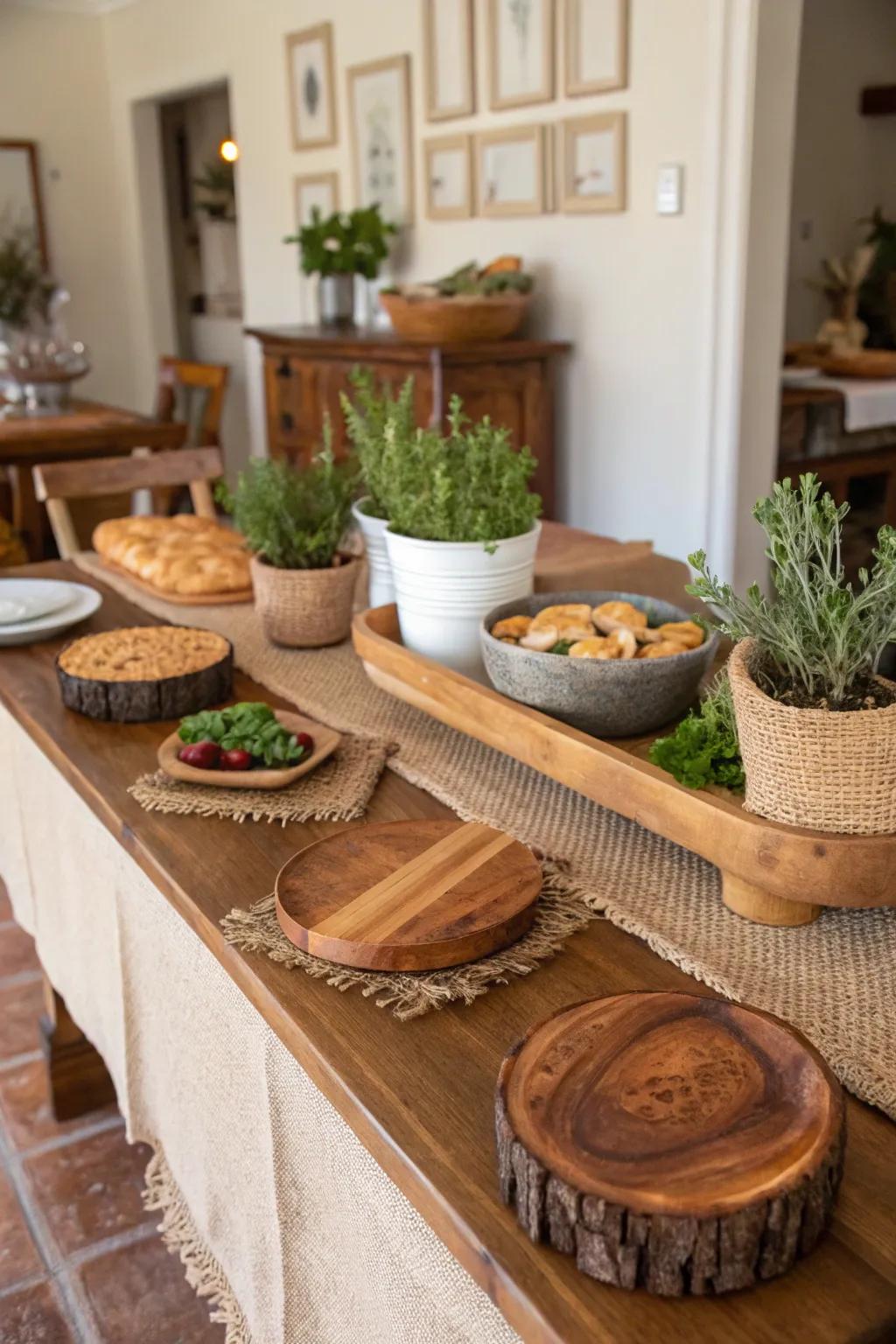 A country buffet table radiating warmth and charm to your home entertainment.