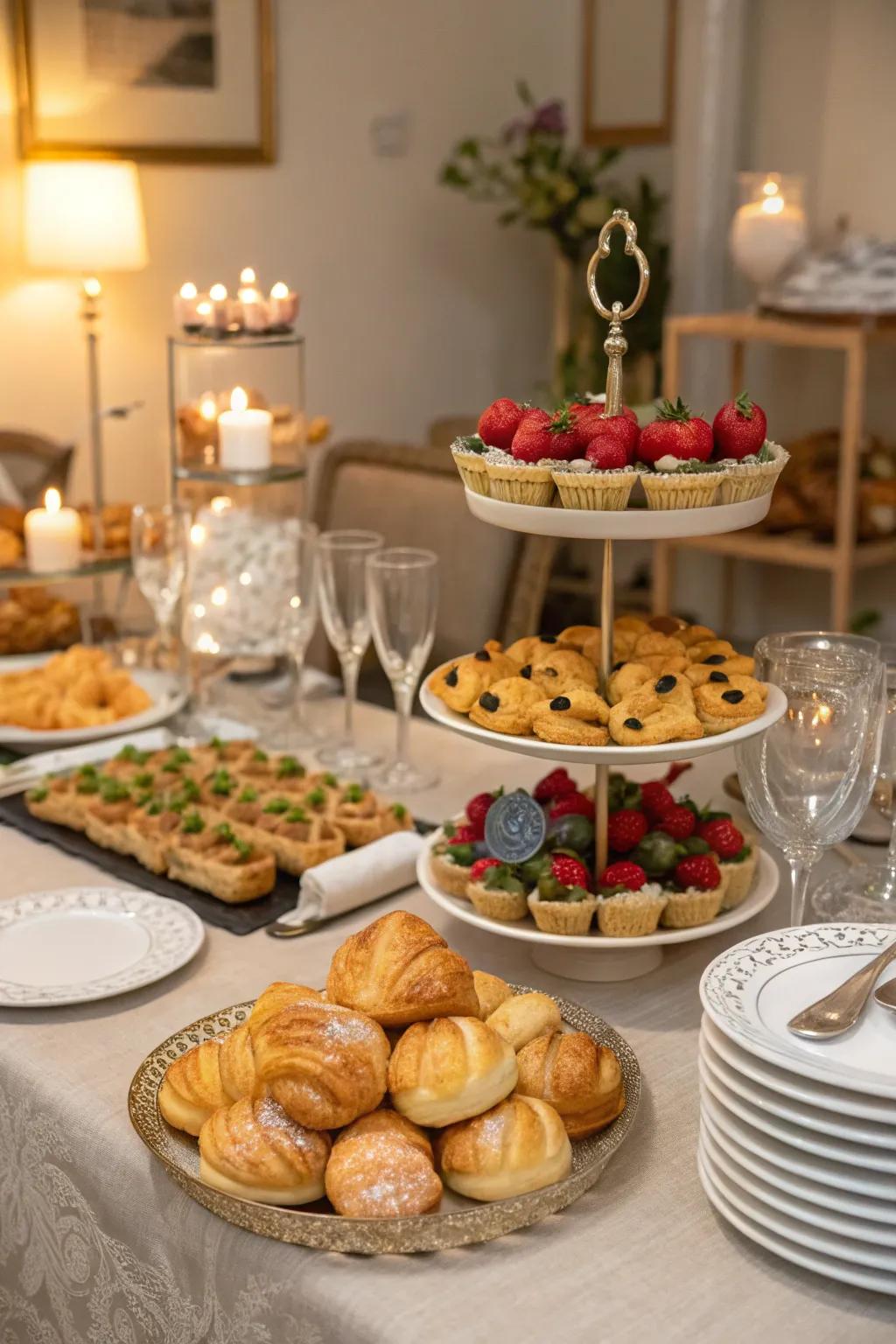 Multi-level stands introduce a vibrant and polished buffet display.