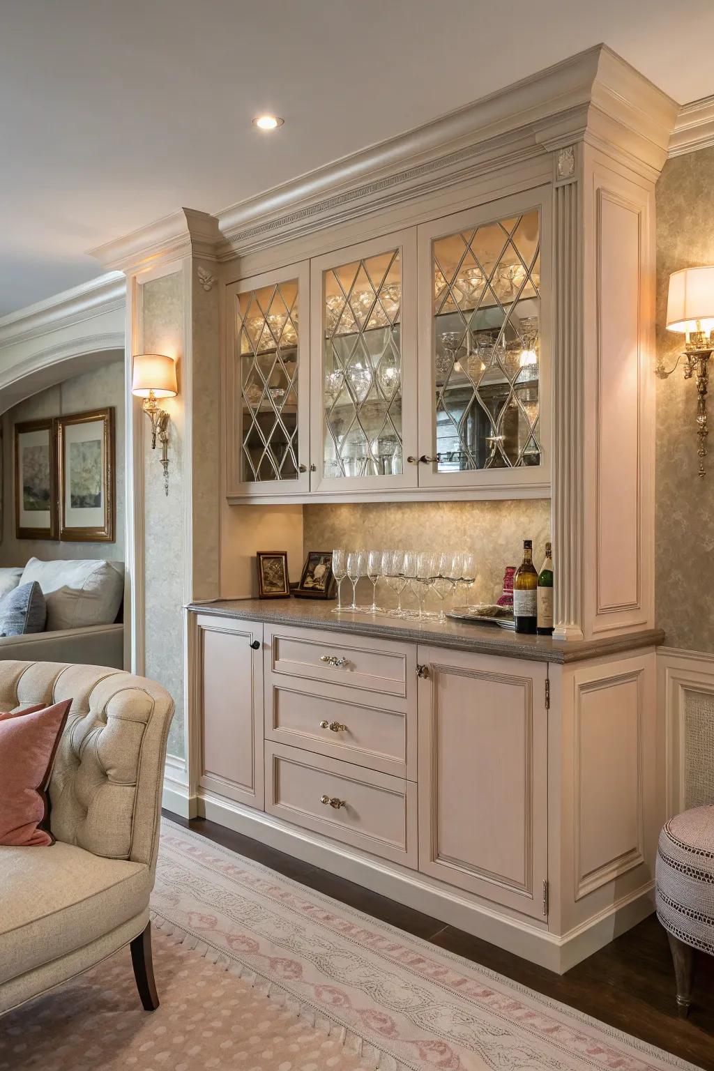 A transformed alcove exudes charm with its gentle hues and elaborate detailing.