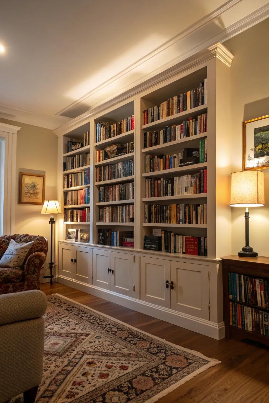 A dramatic floor-to-ceiling bookshelf serves as a captivating central feature.
