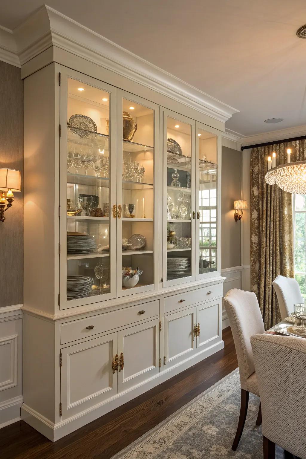 A dining room featuring see-through cabinets, highlighting a sophisticated tableware display.