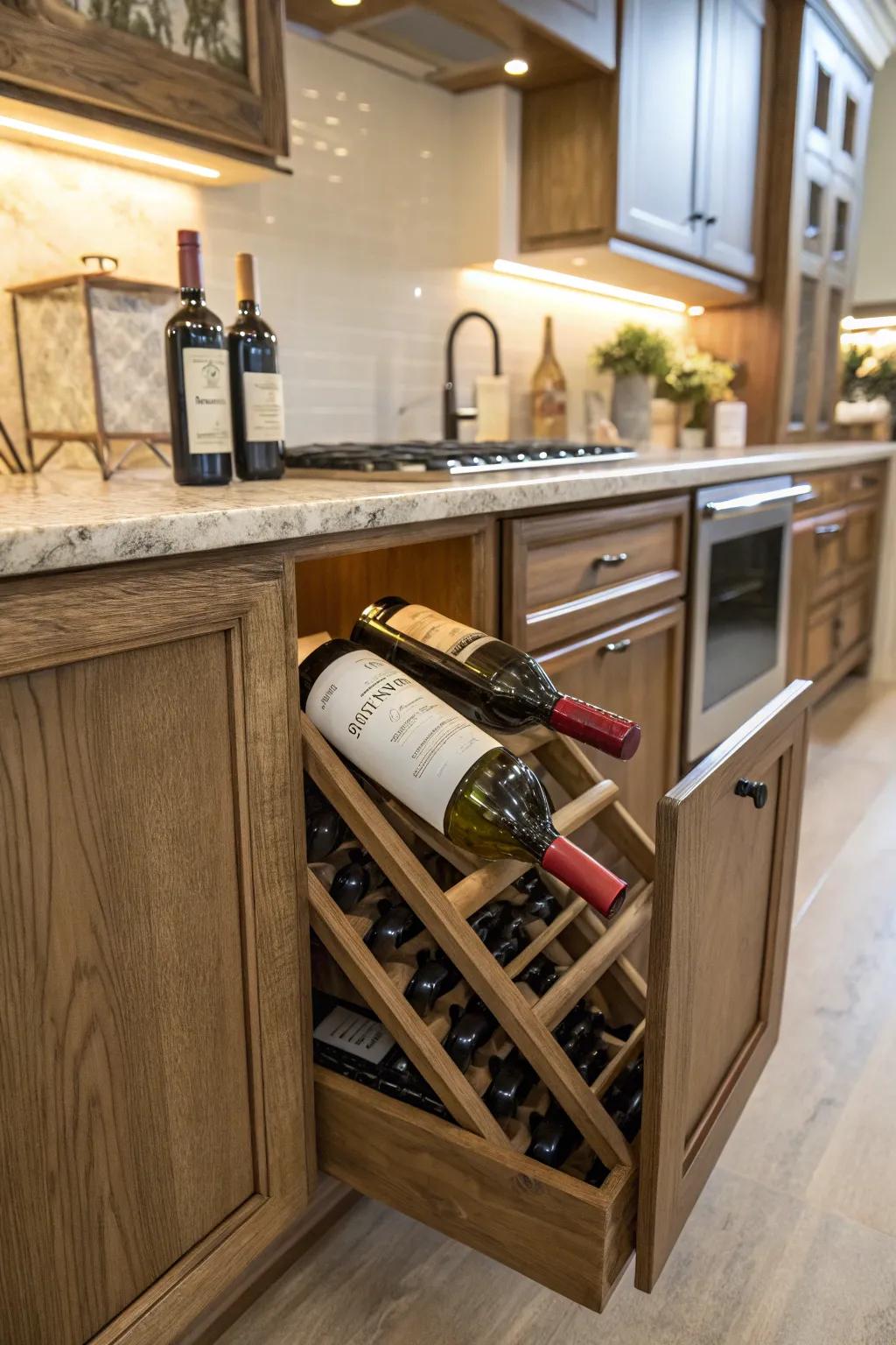 Storage for wine under the cabinet improves the look and usefulness of your cooking space.