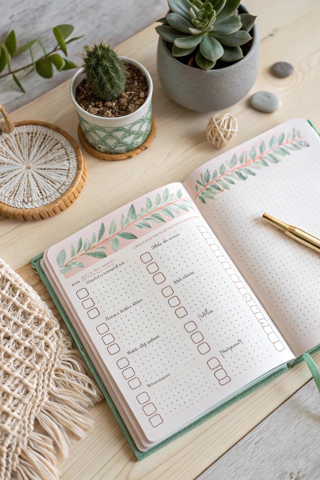 Keep track of your habits in style: a minimalist bullet journal setup with boho influences.