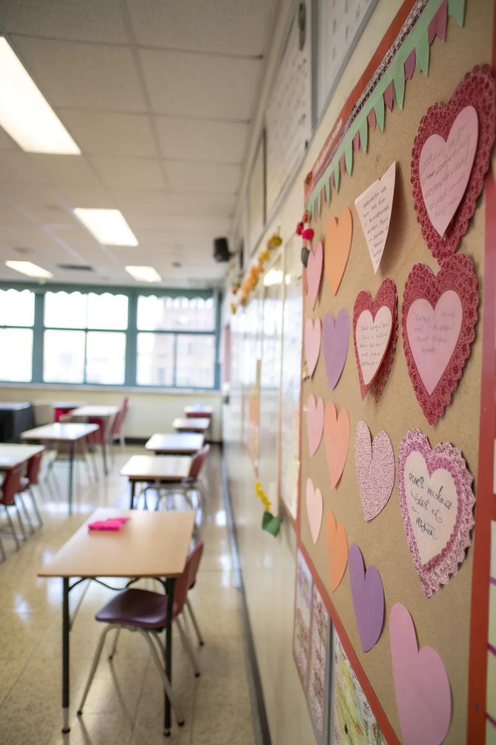 A bulletin board adorned with heart-shaped cutouts conveying messages of love.