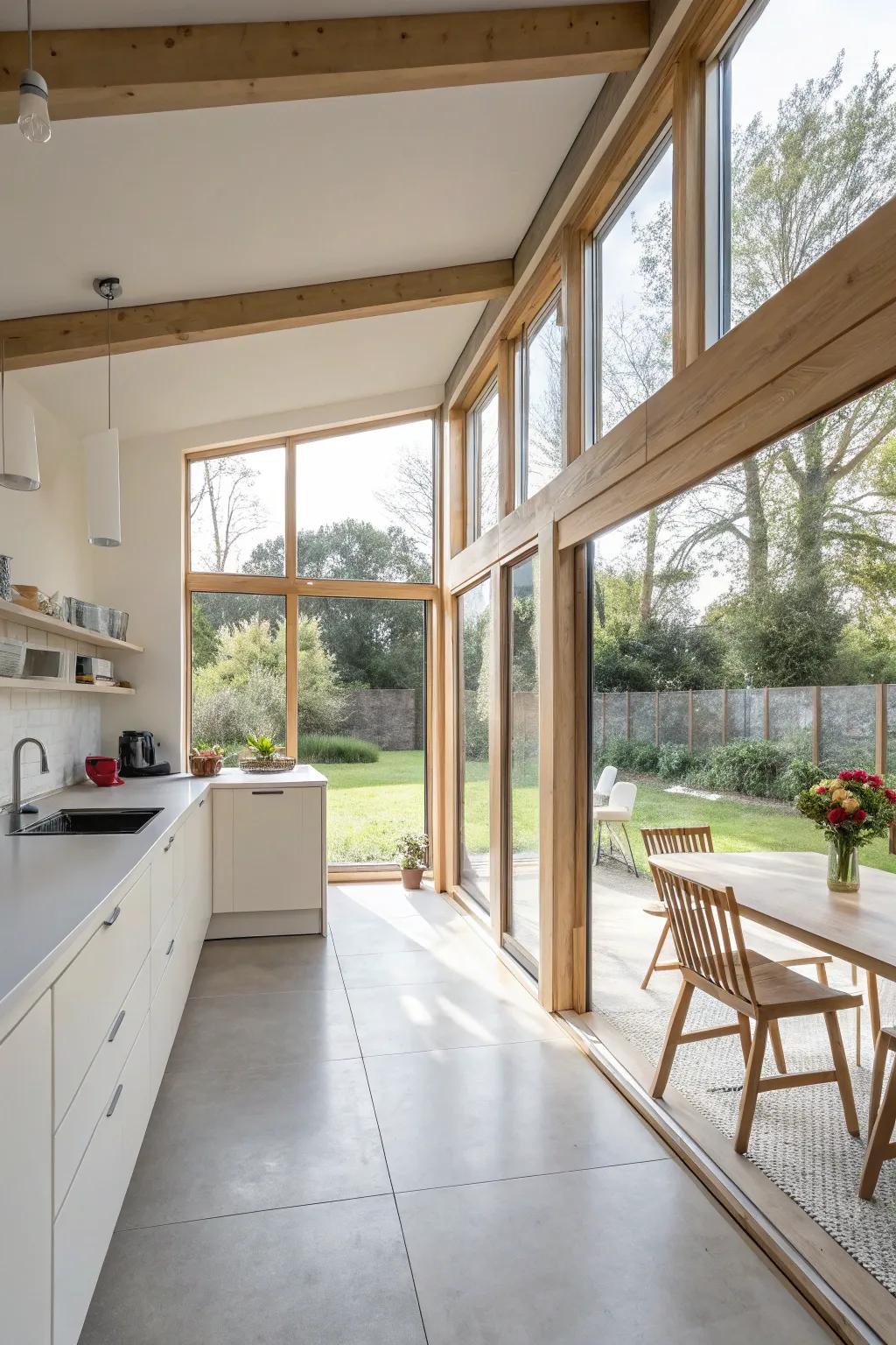 An airy bungalow kitchen where sunlight streams in through expansive windows.