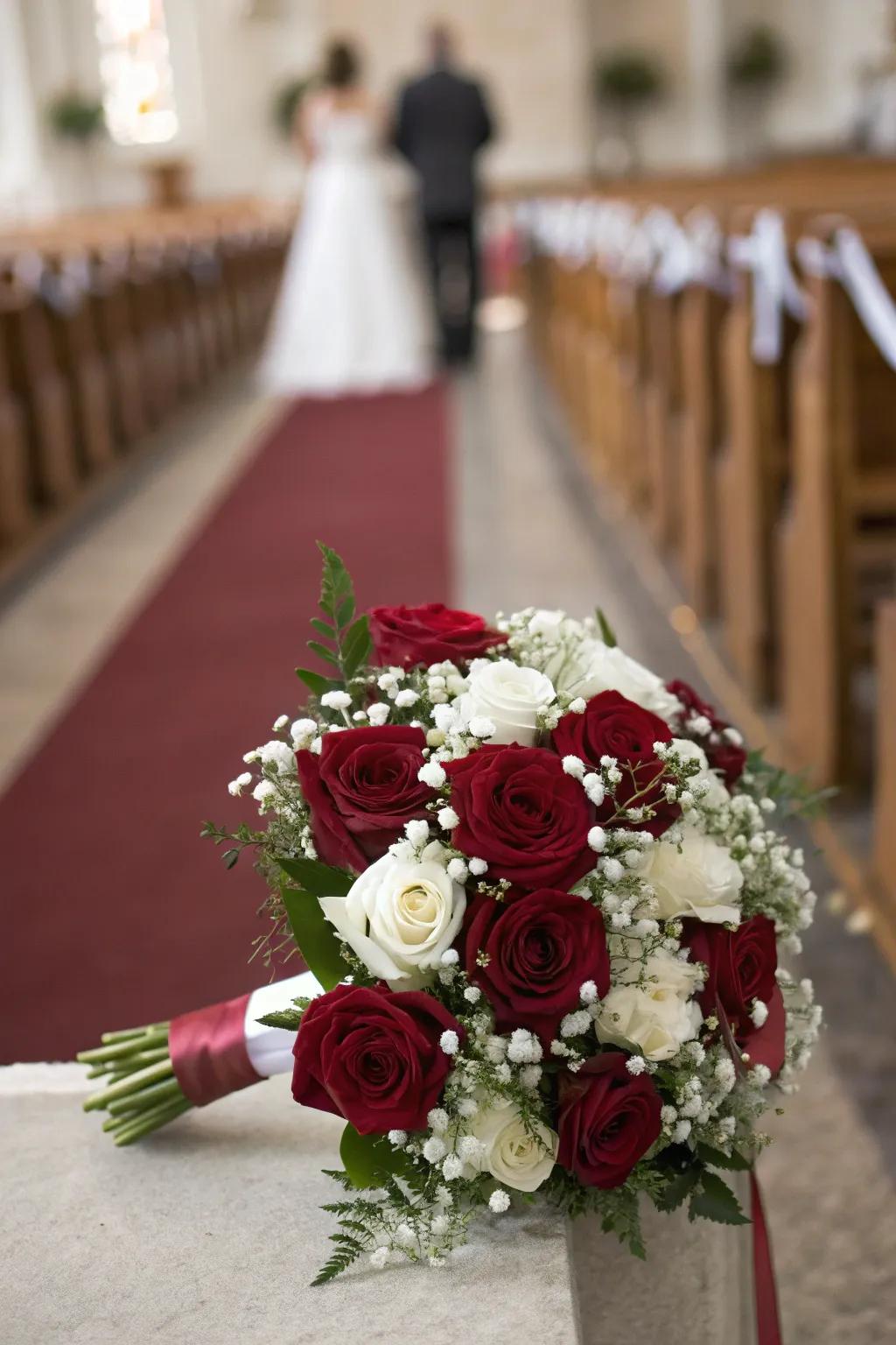 Classic burgundy roses beautifully complemented by white blooms.