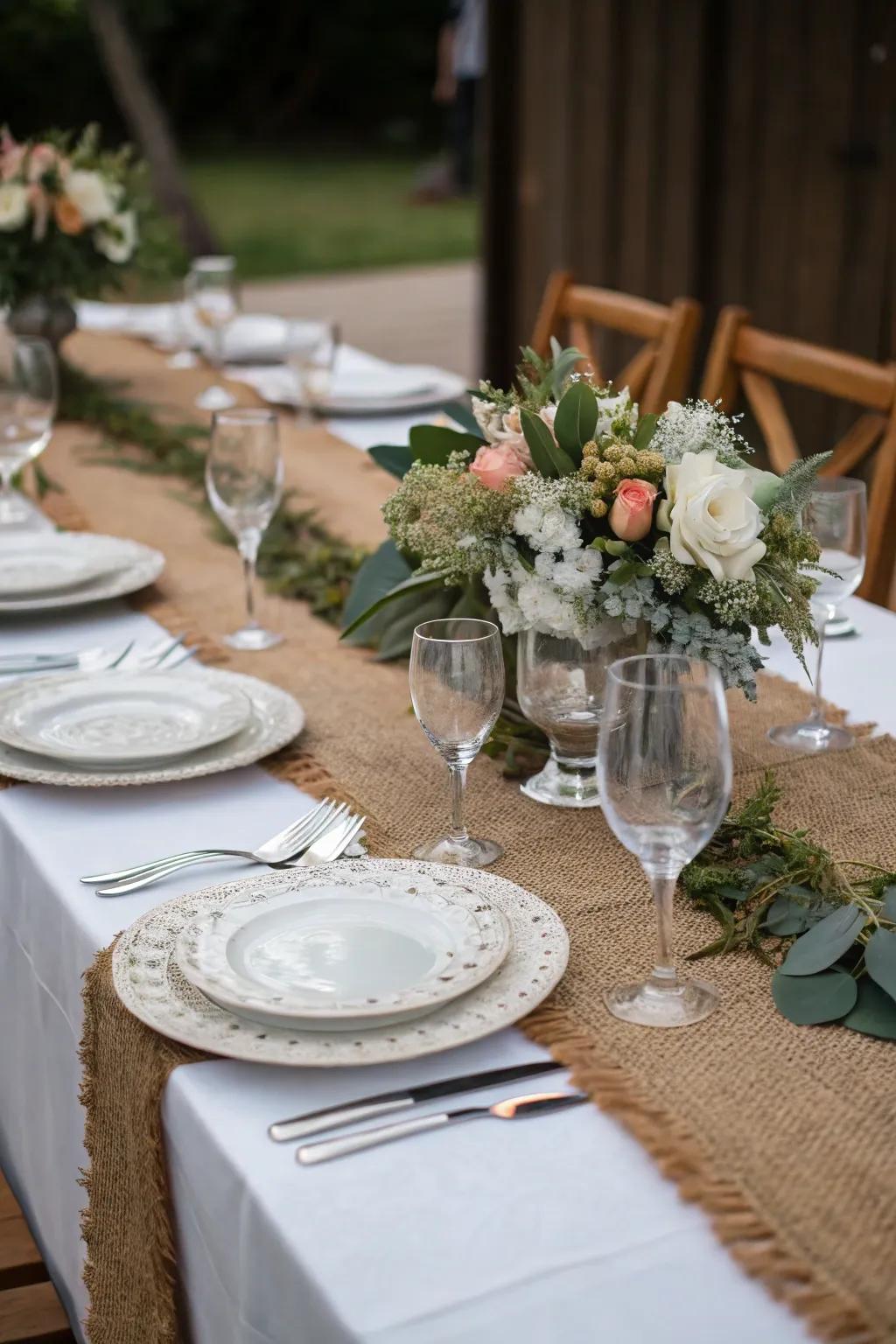 Elevate your dining table's aesthetic with the simple addition of a hessian accent.