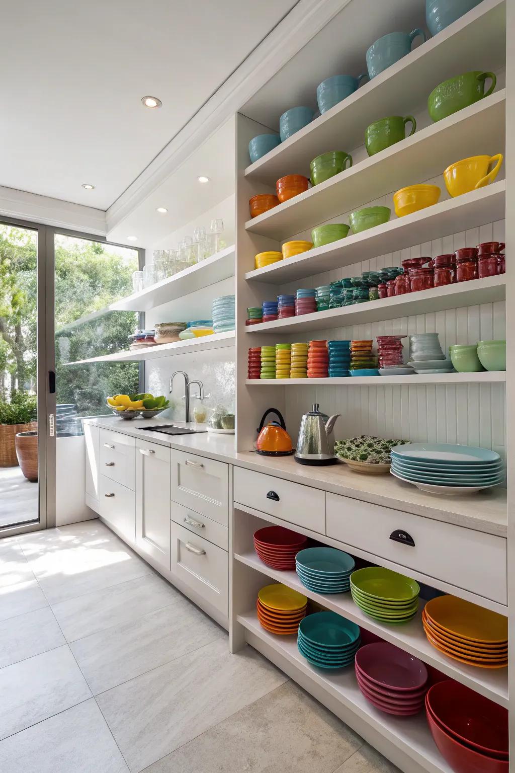 A contemporary service kitchen featuring open shelving to effortlessly access items.