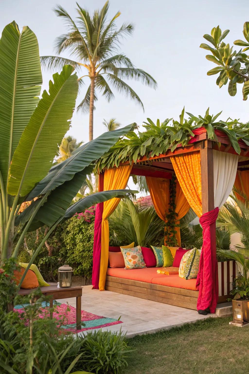 A tropical cabana adorned with brilliant colors and rich plant life.