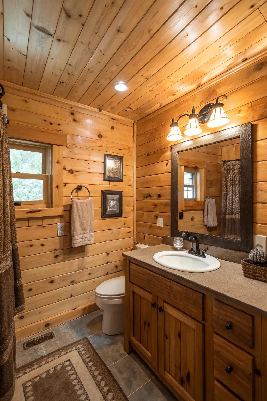 A cozy and welcoming cabin bathroom featuring salvaged wood elements.