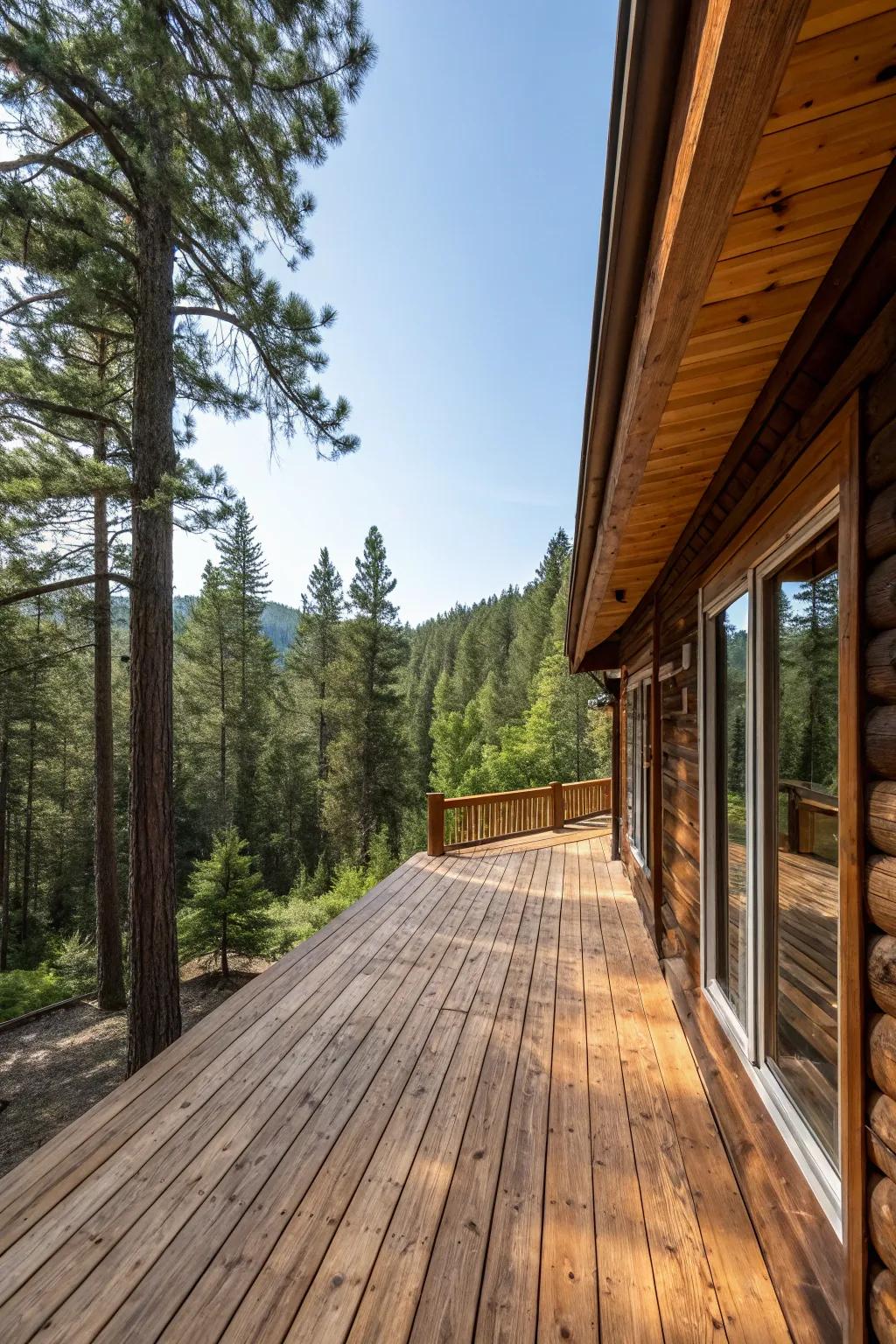 A seamless marriage of nature and design featuring a deck constructed from repurposed wood.