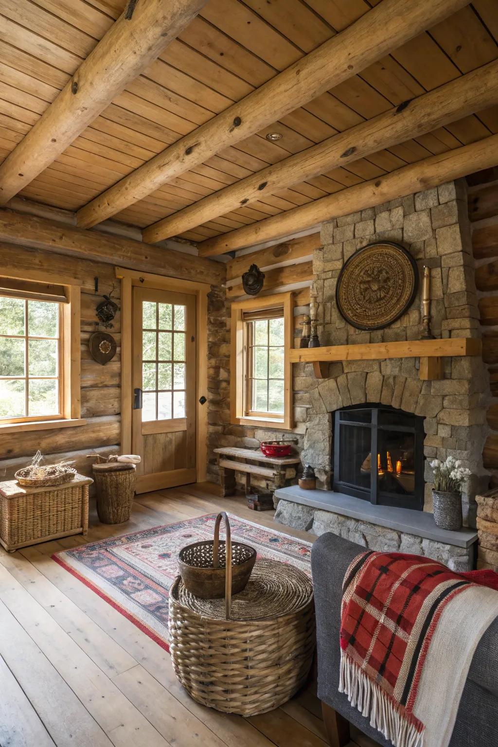 Wooden interiors bring a rustic charm to cabin living.