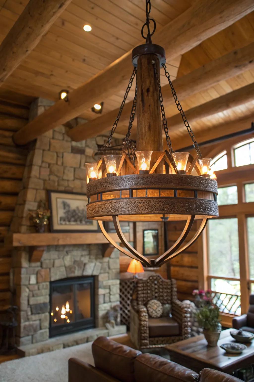 A rustic chandelier adding elegance and warmth to a cabin living room.