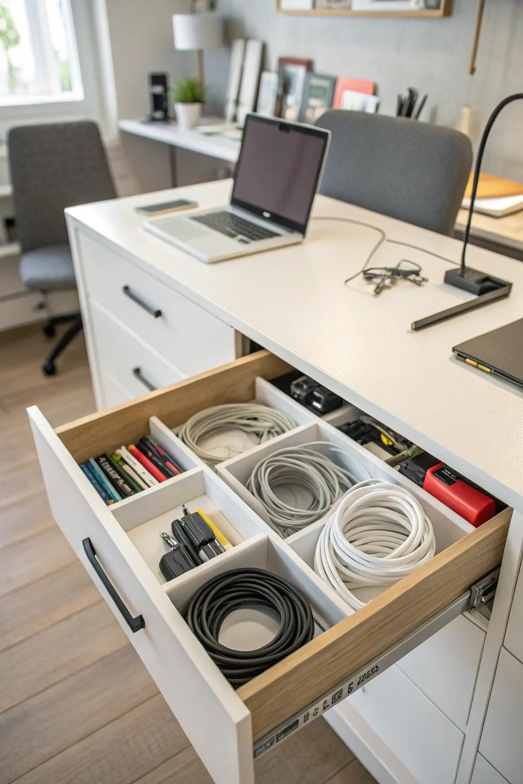Cables neatly organized in a drawer with dividers.