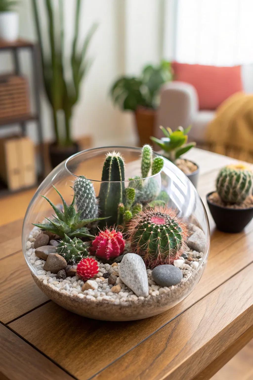 A stylish glass terrarium, brimming with cacti, fashions a quaint, scaled-down scenery.
