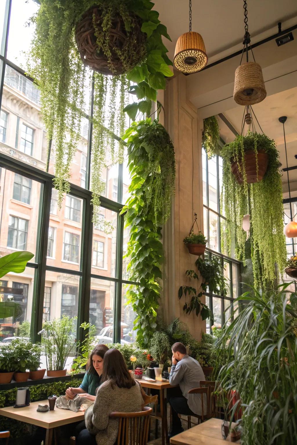 A cafe where the harmony of nature and relaxation flourishes through abundant greenery.