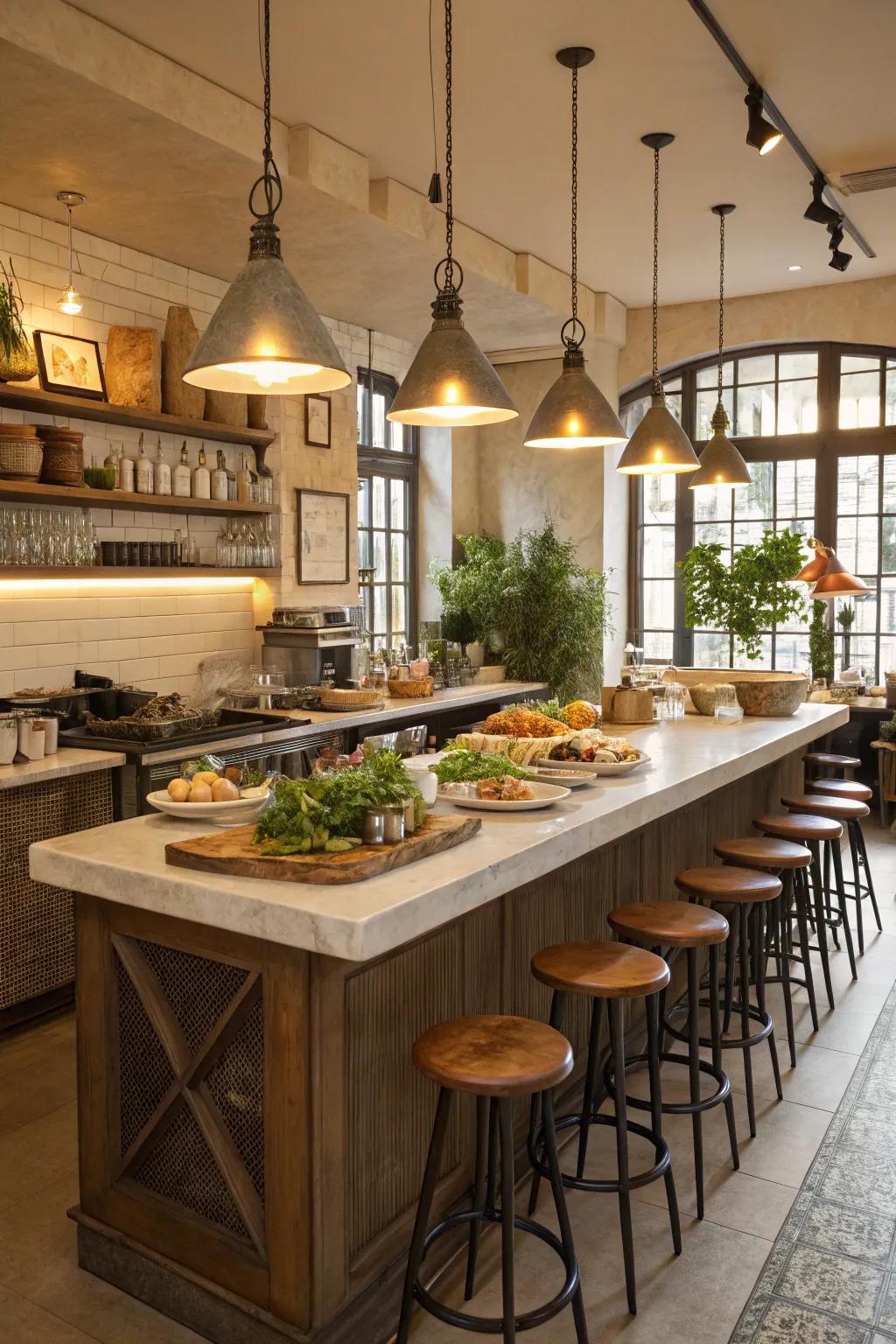 A cafe-inspired kitchen enhanced by a warm central island, ideal for hosting.