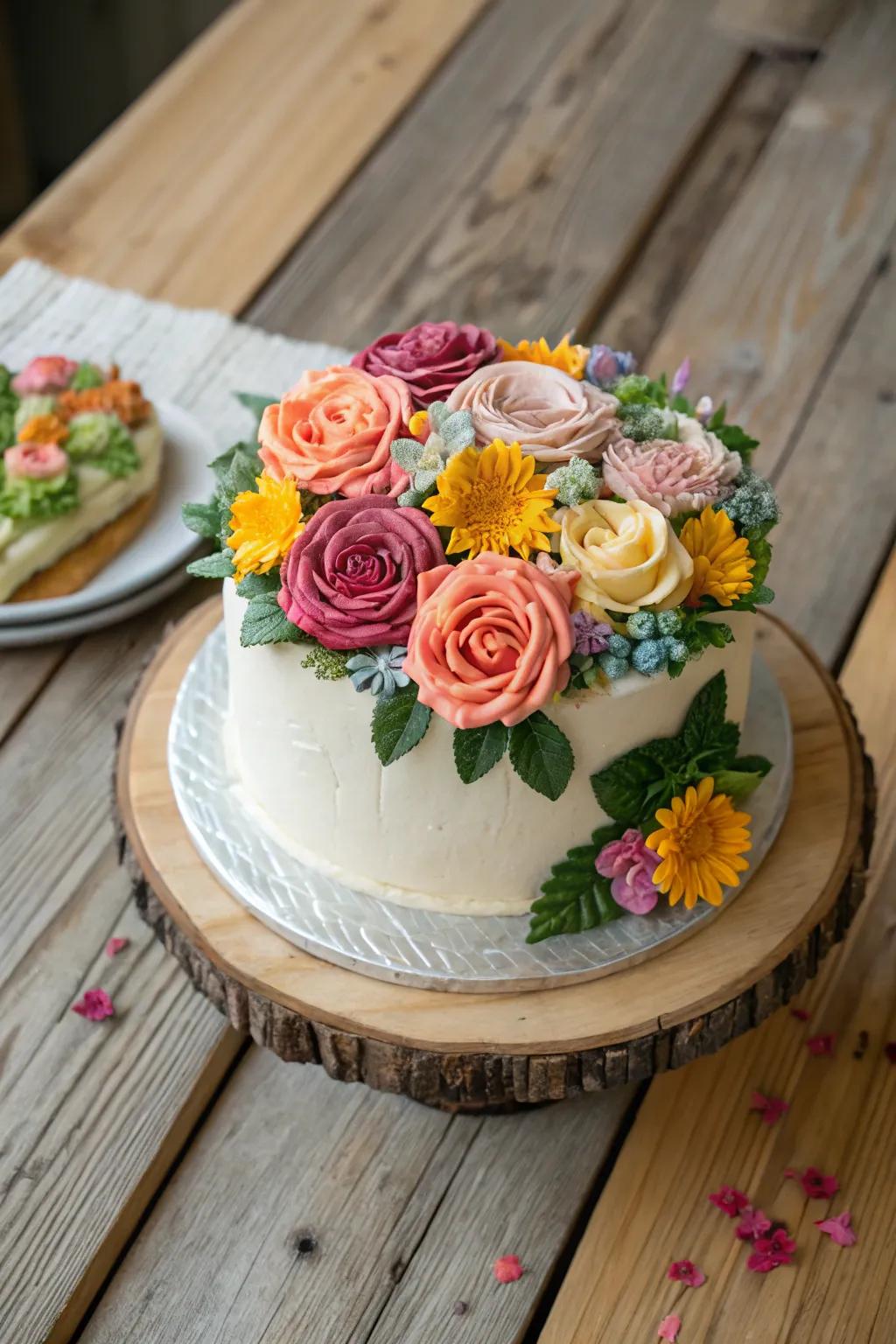 A cake turned into a flourishing garden through buttercream flowers