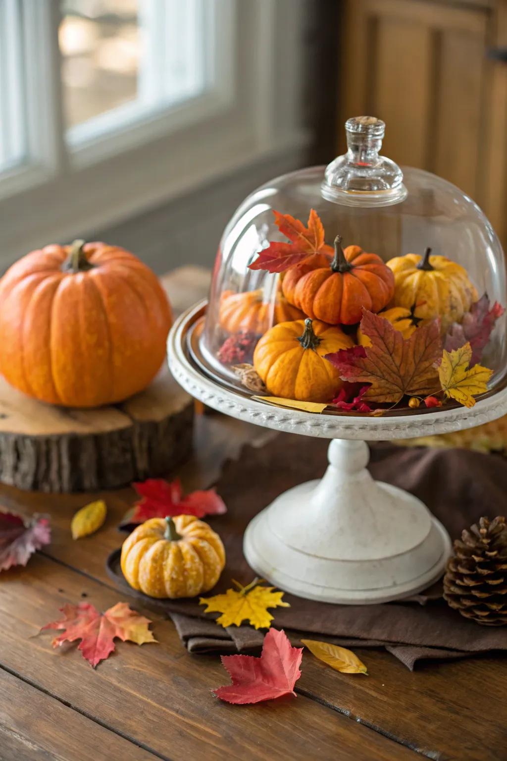Experience autumn's enchantment with this seasonal display inside the cake dome.