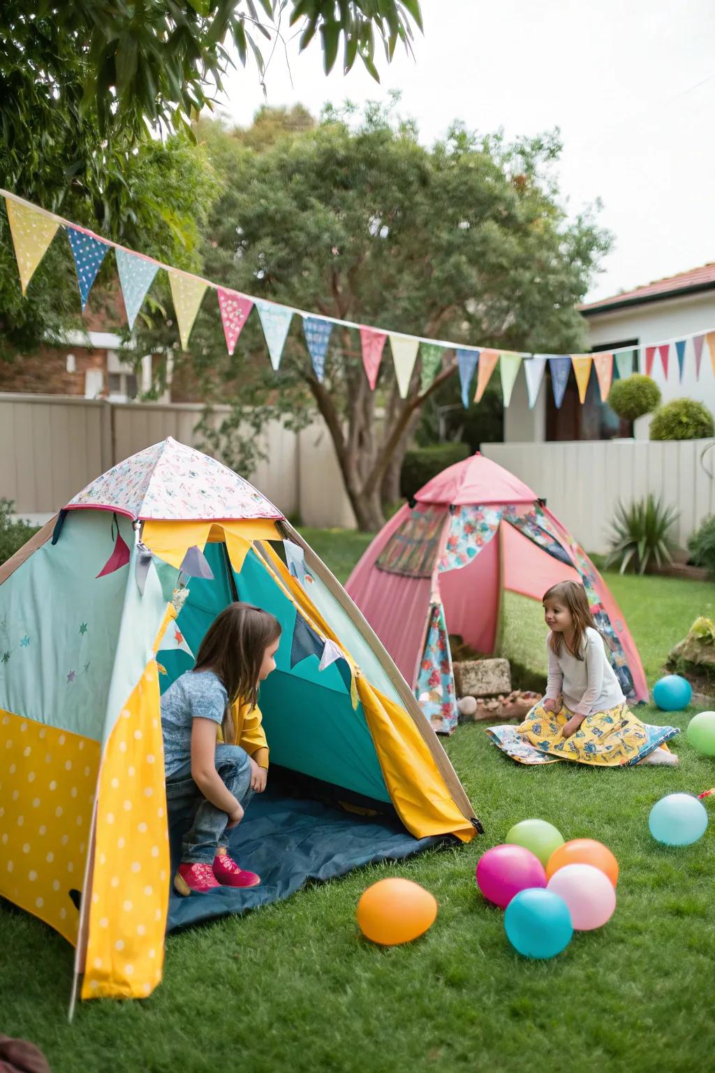 Charming small tents add excitement to the camping birthday celebration.