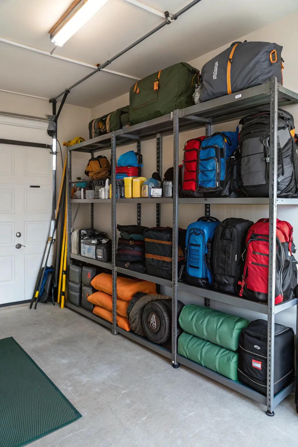 Tiered organizers in the garage arrange camping equipment to ensure organization and access.