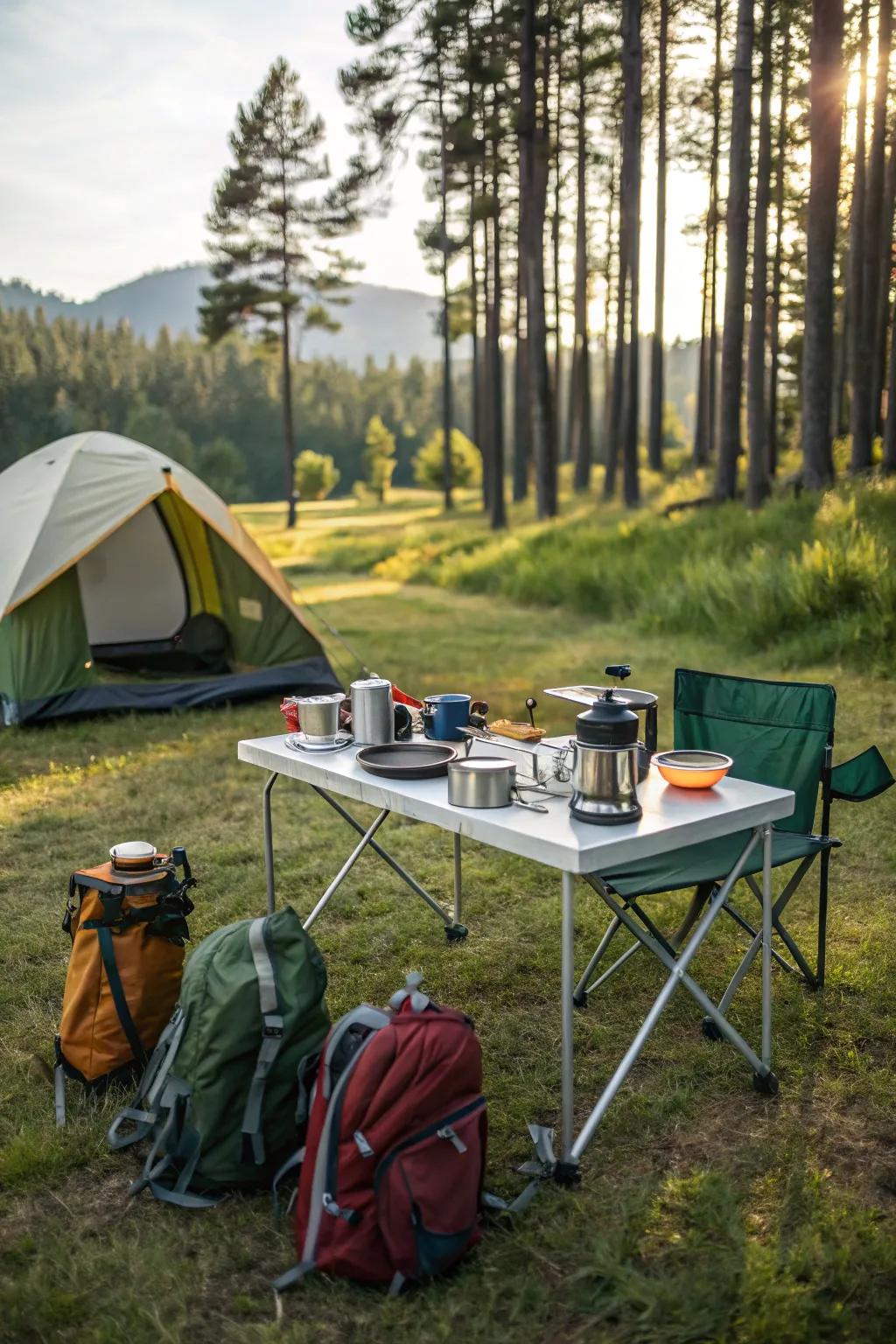 A collapsible table all set for open-air cooking experiences.