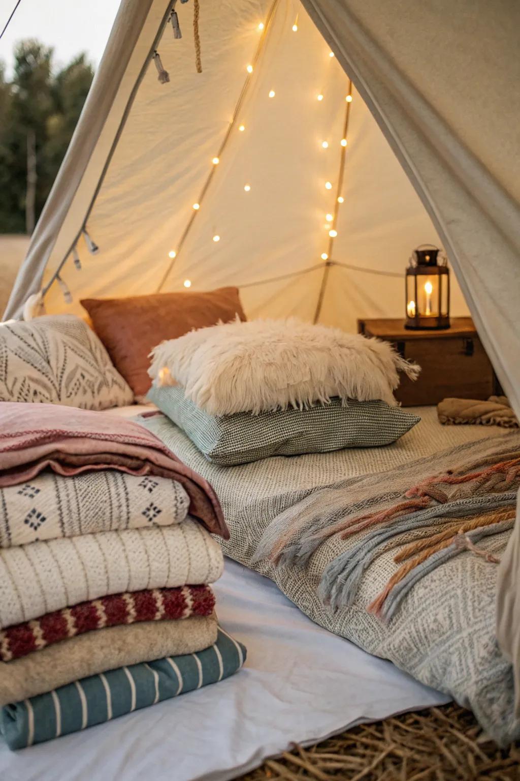 Construct a snug sleeping space utilizing layered bedding and gentle materials.
