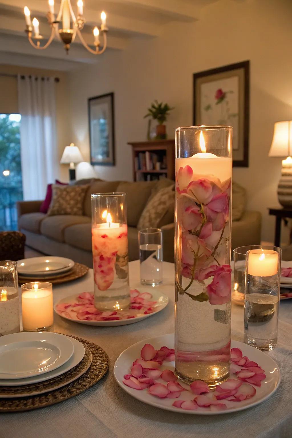 Floating candles and flower petals make for a simple yet elegant centerpiece.