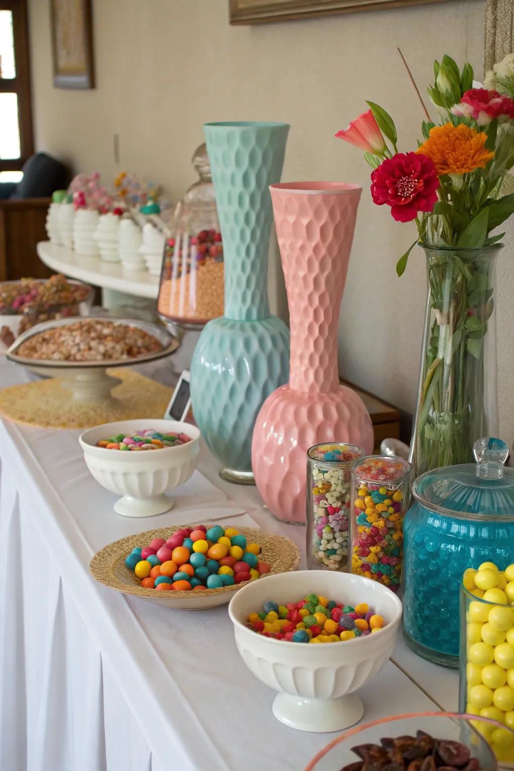 Repurposing items from around the house for one-of-a-kind candy displays.