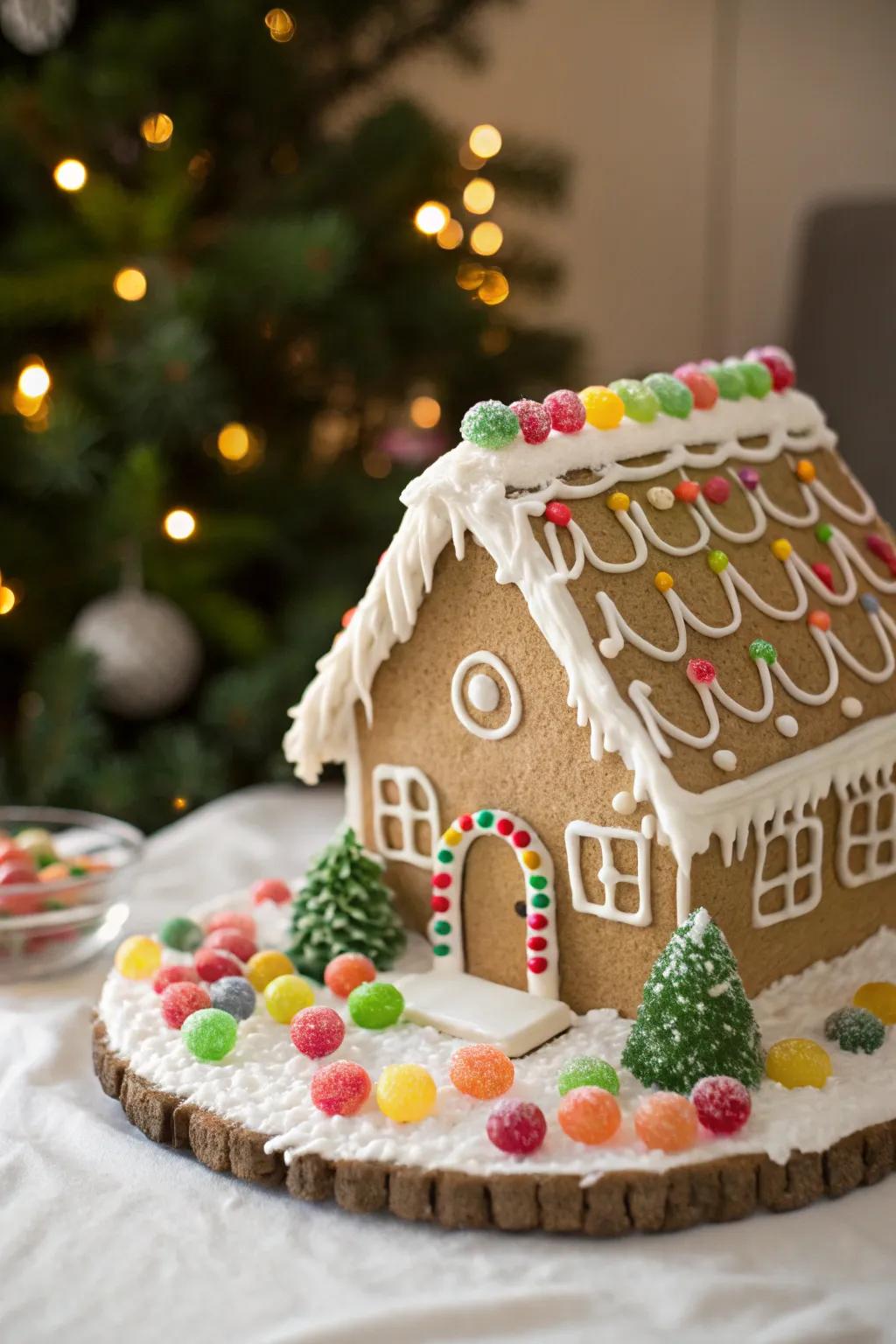 Gumdrops creating charming shrubs around the gingerbread house.
