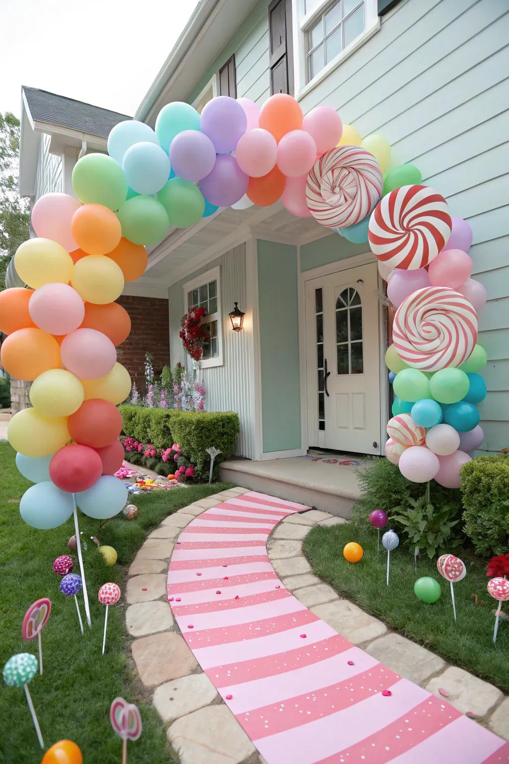 A lively candy-colored balloon arch warmly greets visitors with a delightful hint of sweetness.
