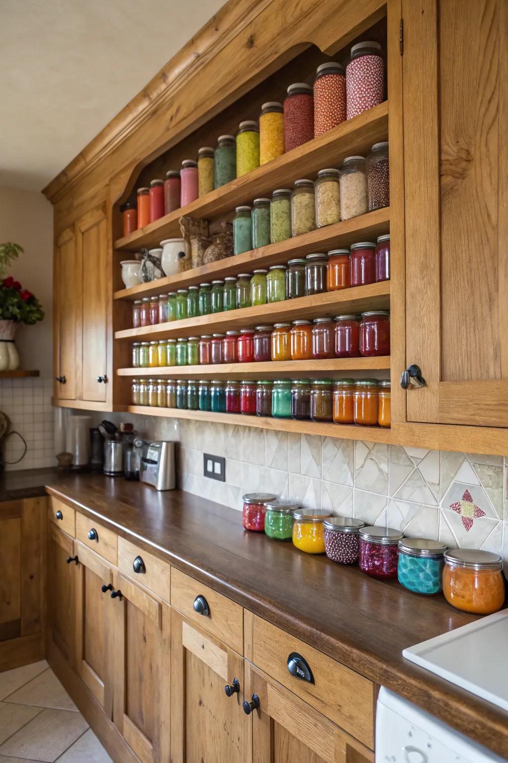 Add a rustic feel using wooden shelving units designed for your canning jars.