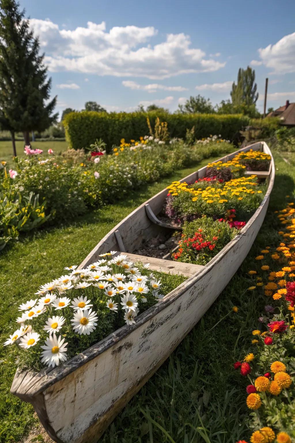 A boat planter bursting with colorful flowers, enhancing the garden's appeal.