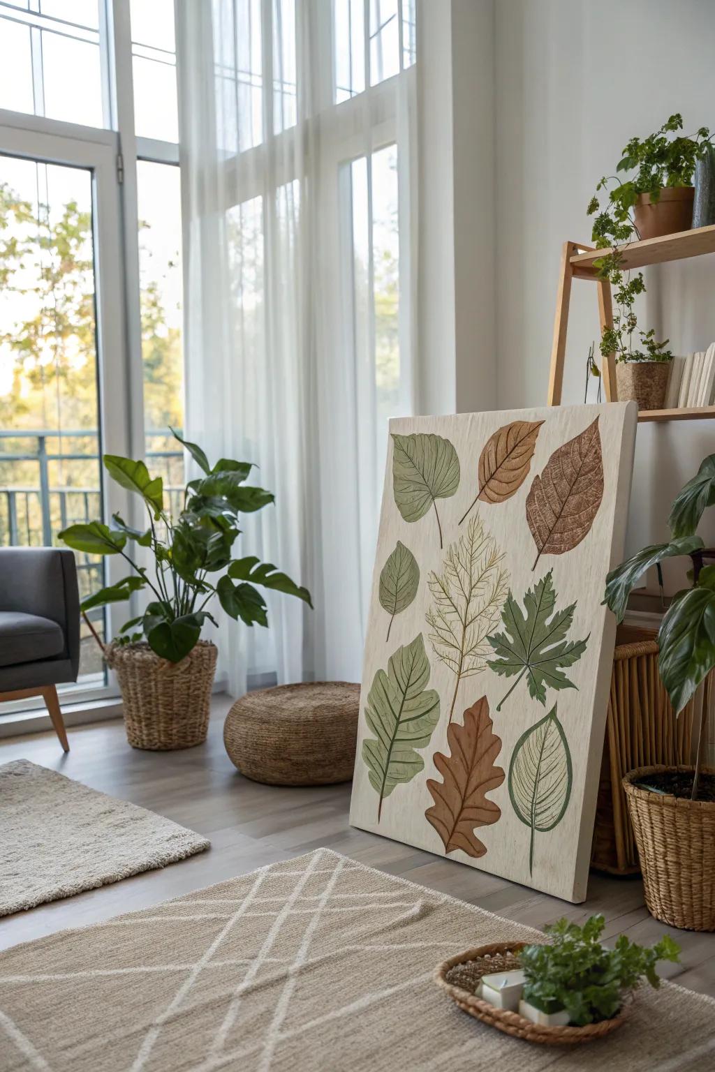 Botanical leaf impressions in a contemporary lounge area