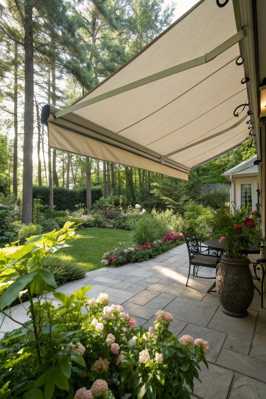 Slide-away canvas shades provide flexible shade on sunny days.